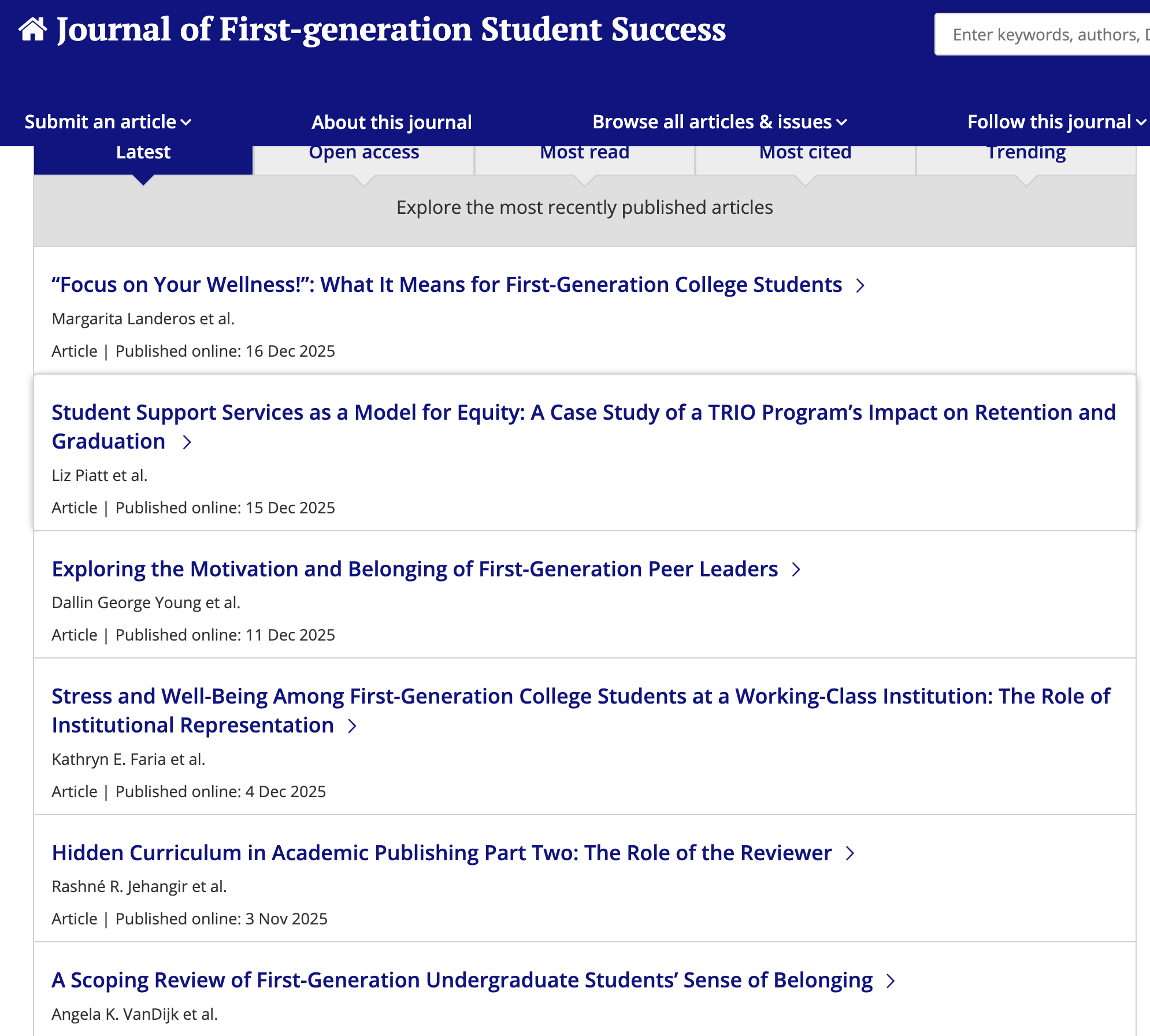 Screenshot of the December'25 issue of the Journal of First-Generation Student Success.  Four of six articles are about belonging, motivation, or focusing on wellness. 